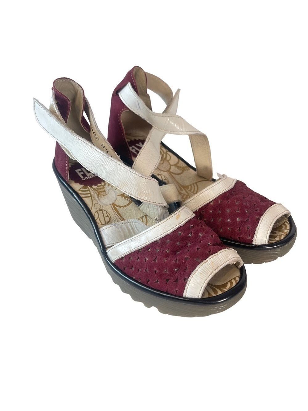 Fly London Ynes Leather Wedge Sandals Perforated Ankle Strap Comfort EU 37